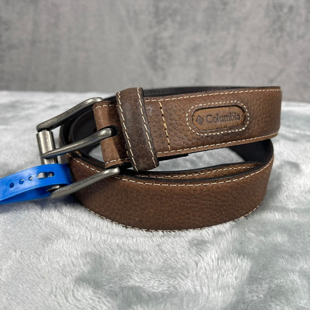 Columbia Leather Belt Mens 34 Brown Contrast Stitch Rugged Buckle
